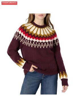 Oversized Fit Fair Isle Crewneck Sweater Cotton-Blend Raglan Sleeves